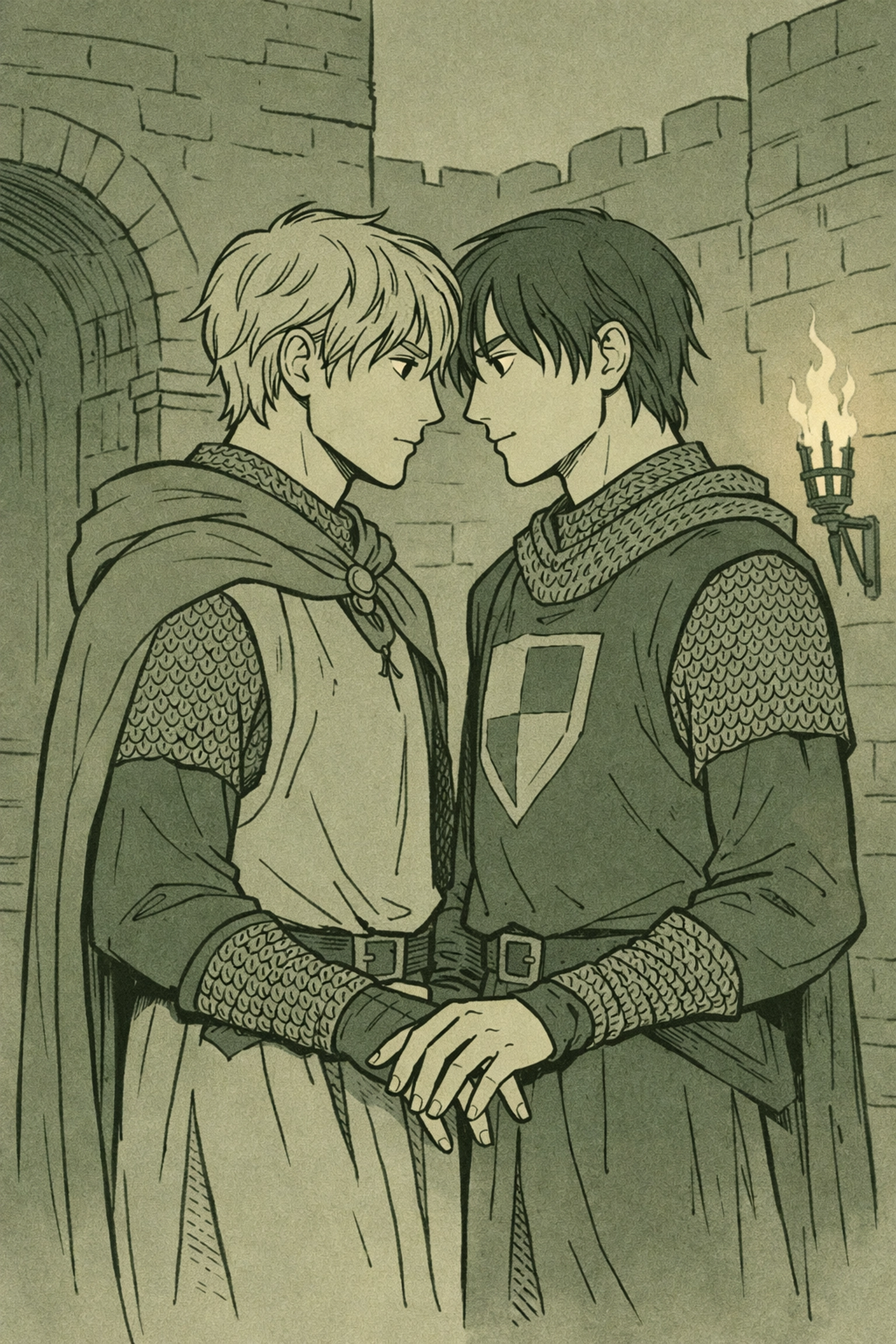 Two medieval knights sharing forbidden moment in castle courtyard - MM historical romance