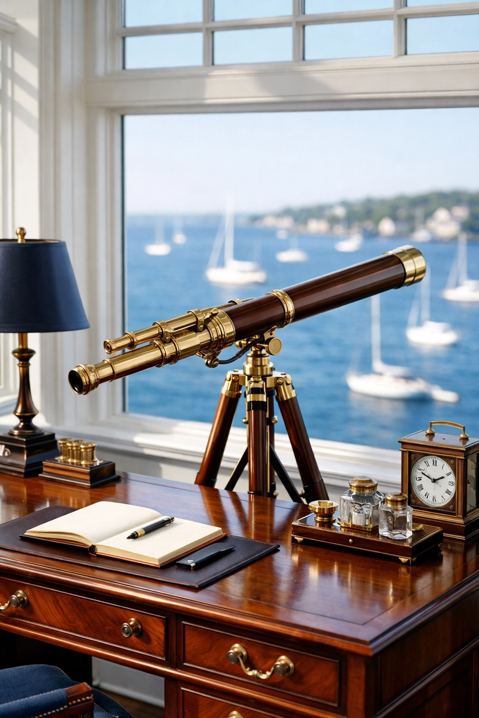 Pristine mahogany desk and brass telescope in a Marblehead estate overlooking the harbor.