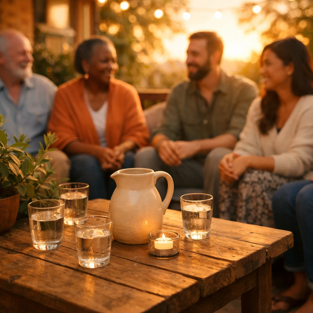A diverse group of people in peaceful conversation, reflecting Christian community and neighborly love.