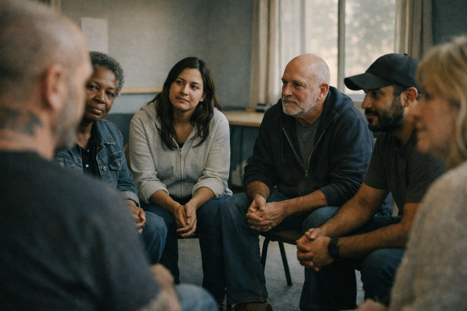 Real recovery support group in a circle, diverse crew listening and showing up for each other