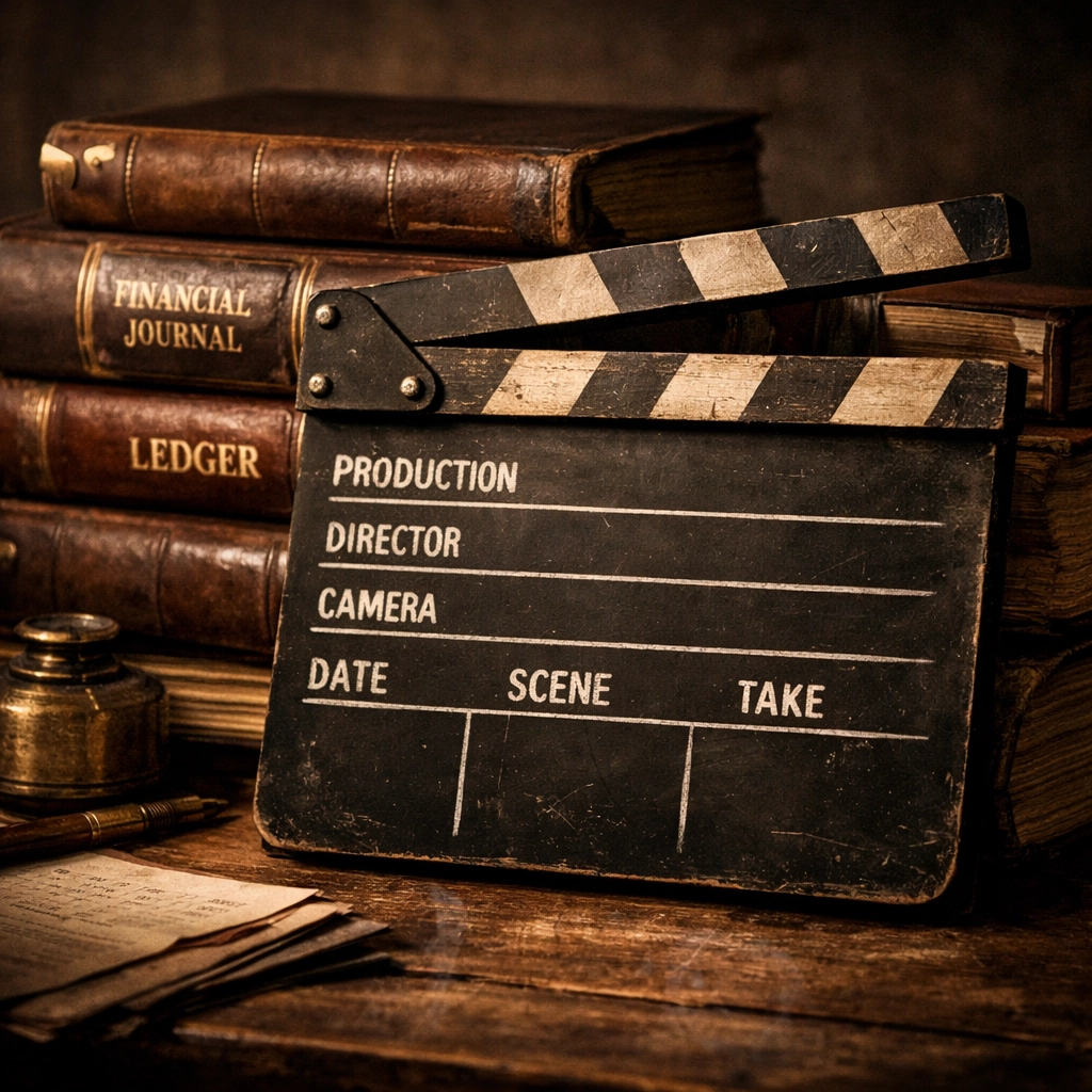 Film slate and financial ledgers representing how to invest in films with discipline