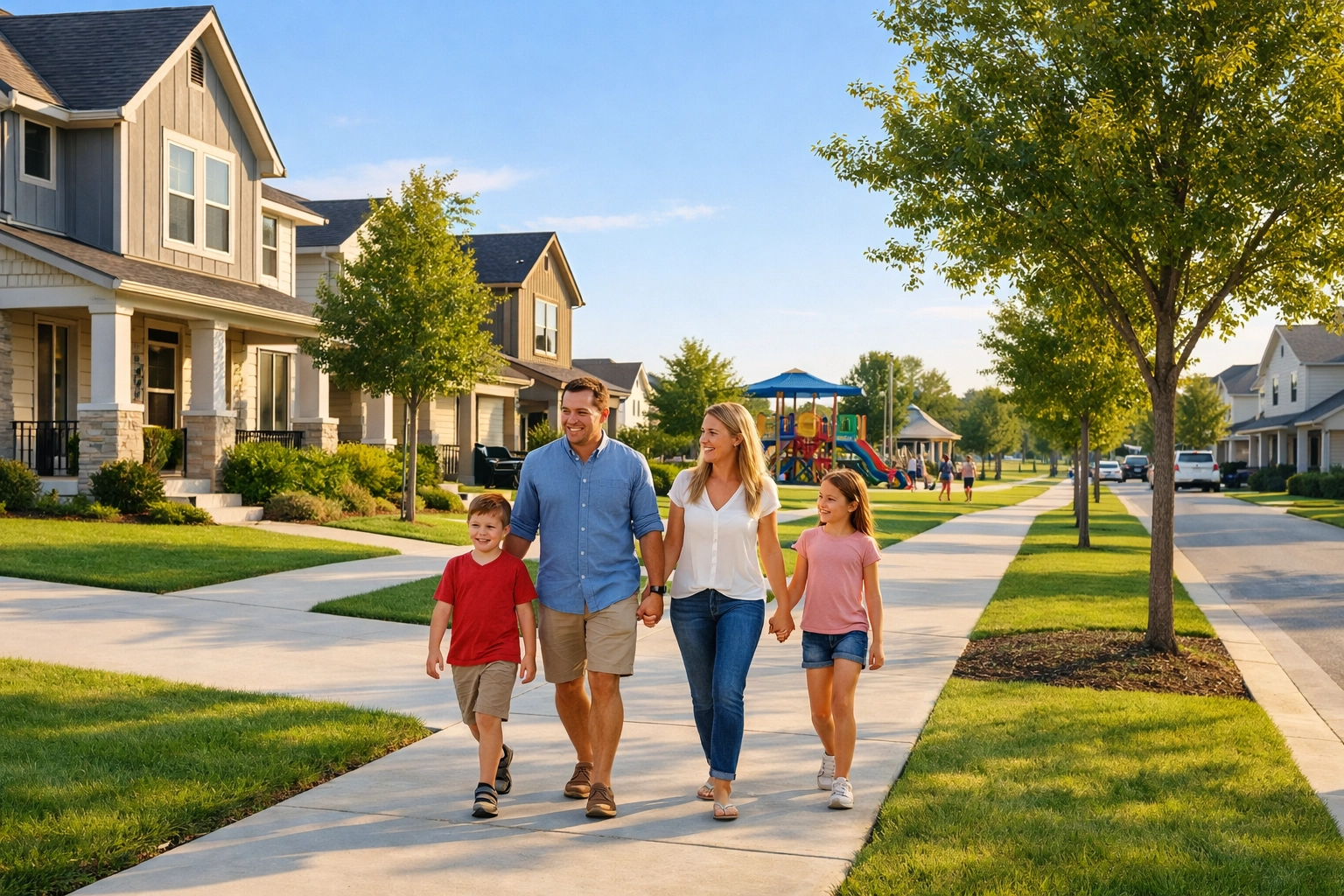 Modern master-planned community in Houston suburbs with tree-lined streets and family-friendly amenities