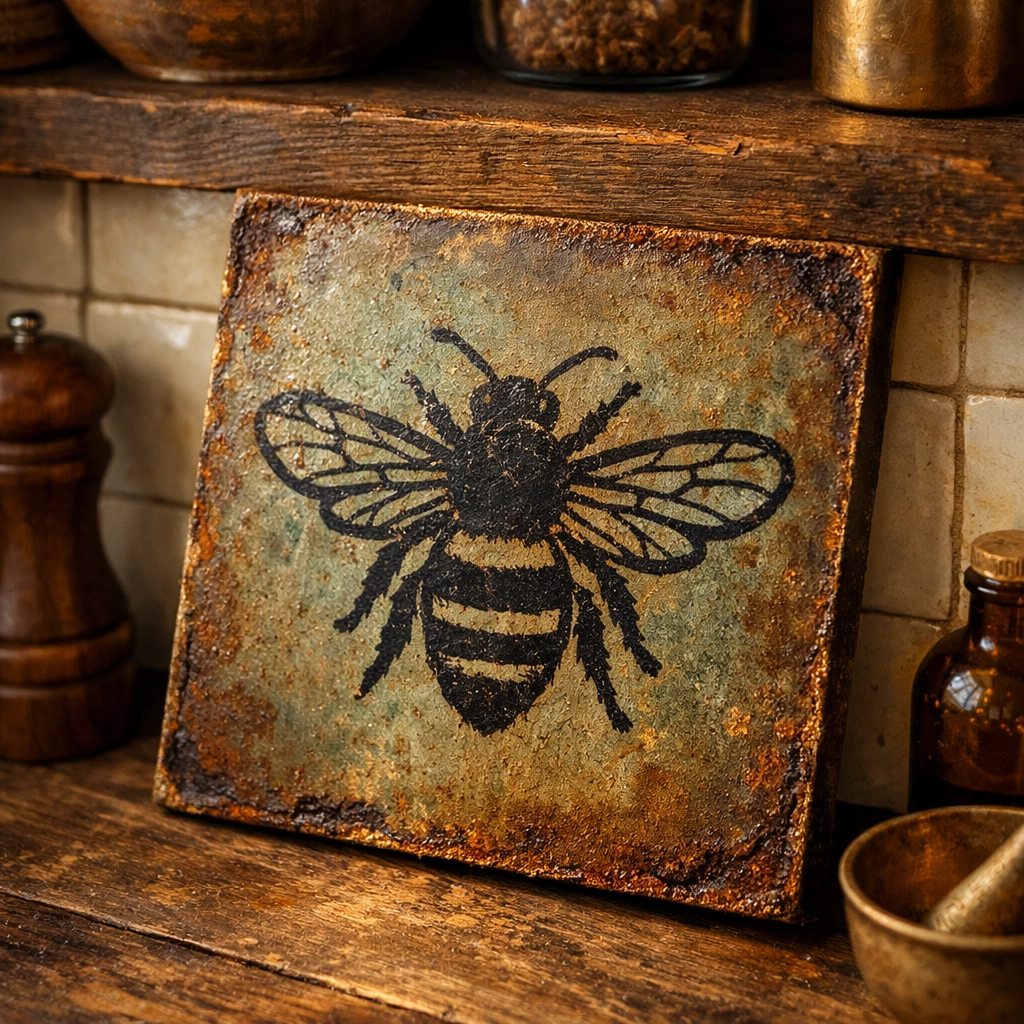Rustic patinated metal bee sign in a modern artisan kitchen setting.