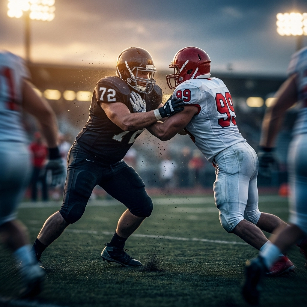 Action shot of Texas offensive tackle blocking defensive end, highlighting pass protection skills