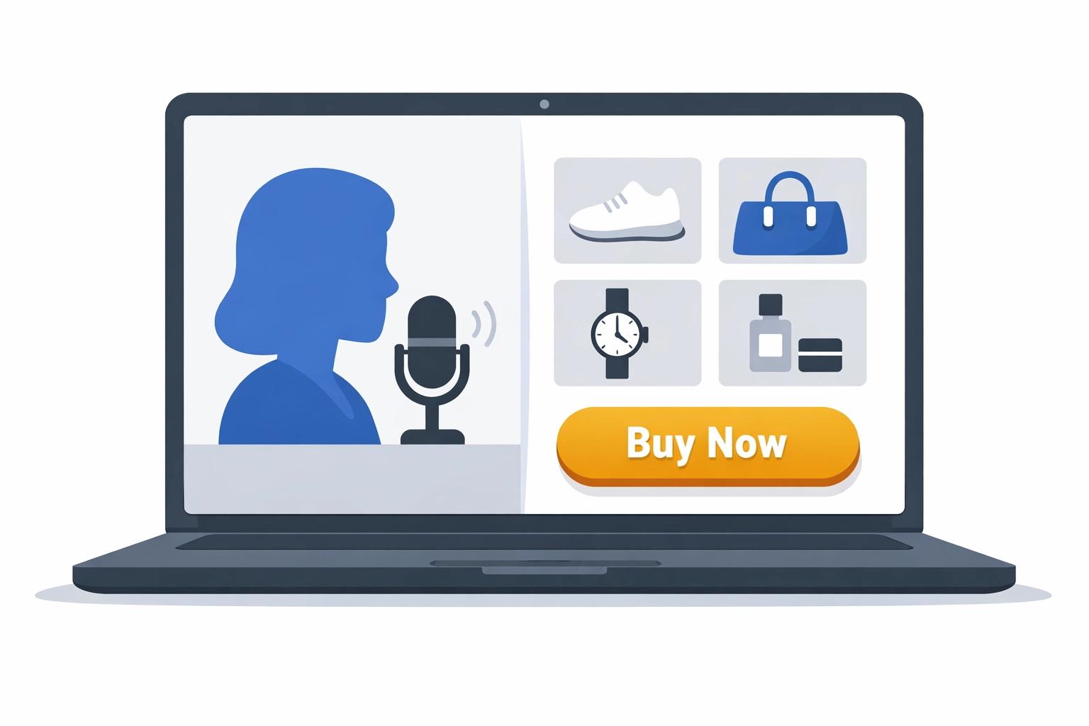 Live shopping platform on laptop with host video and clickable product gallery for instant checkout