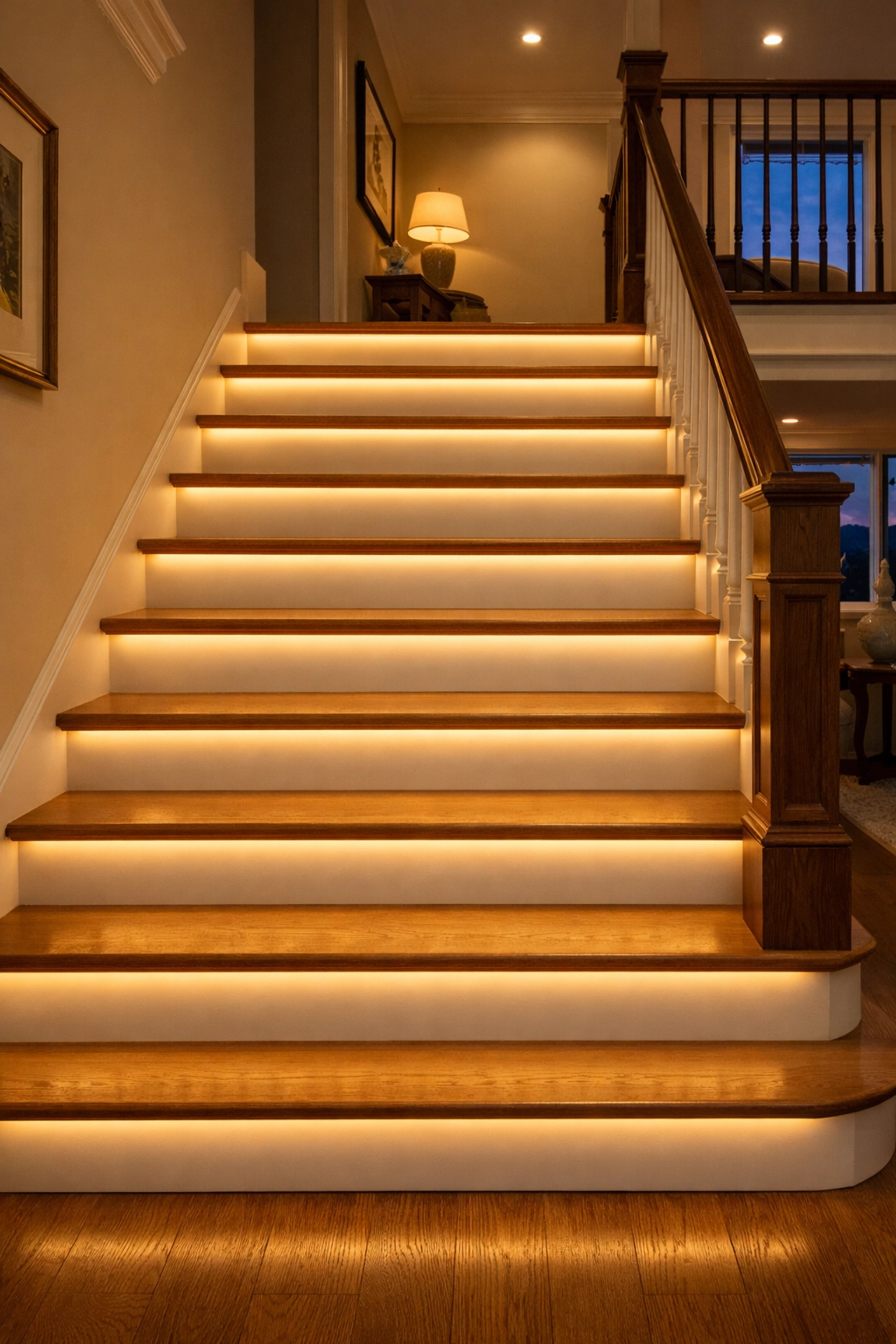 LED stair lighting under each step to eliminate shadows and improve visibility for safety.