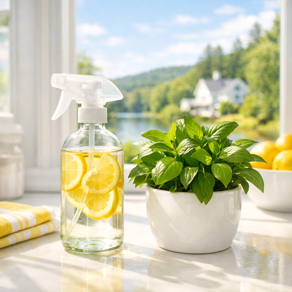 Natural cleaning solutions on a bright kitchen counter for eco-friendly weekly house cleaning Pepperell.