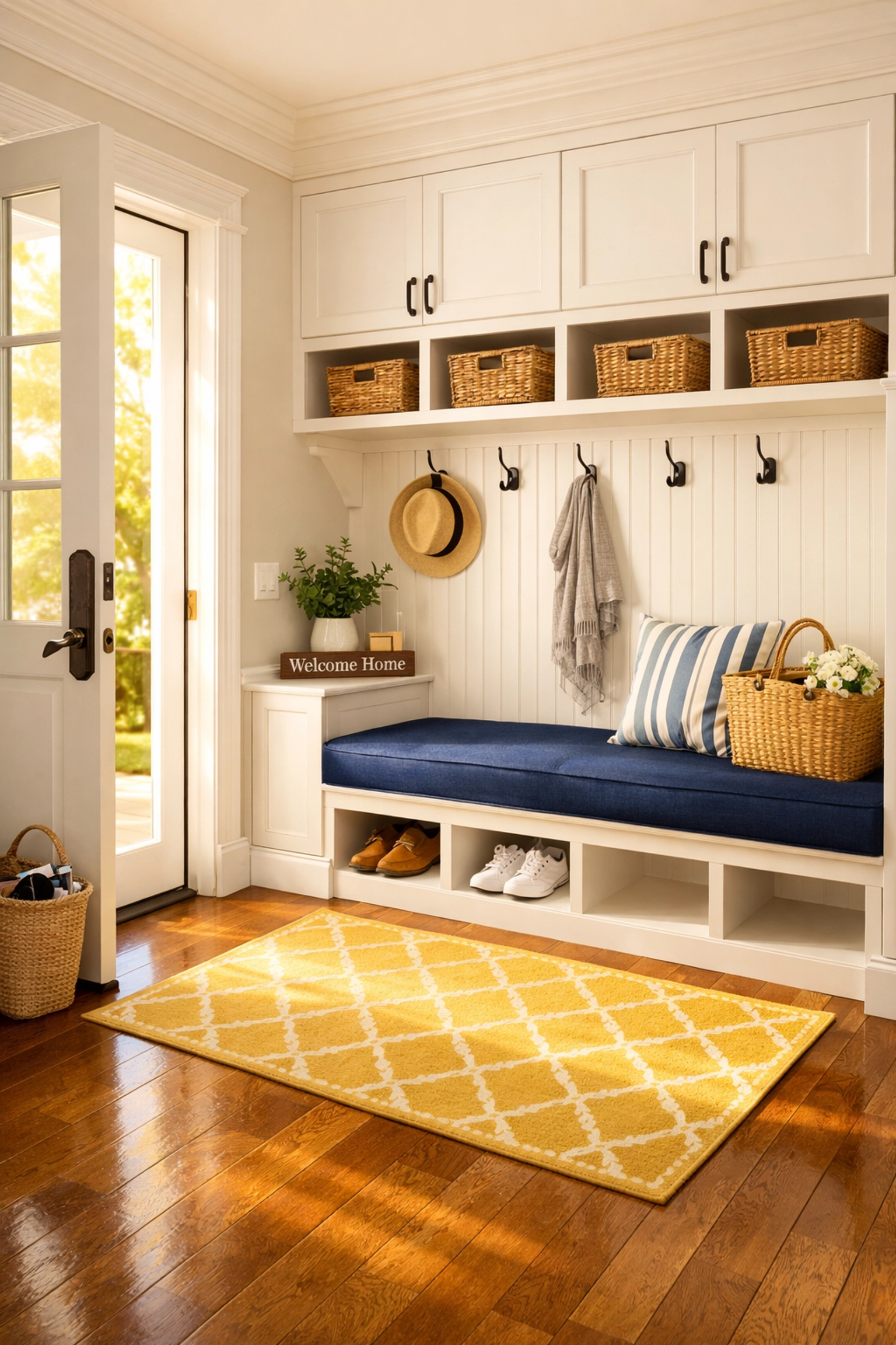 Organized entryway with spotless hardwood floors from a reliable house cleaning Dunstable MA service.