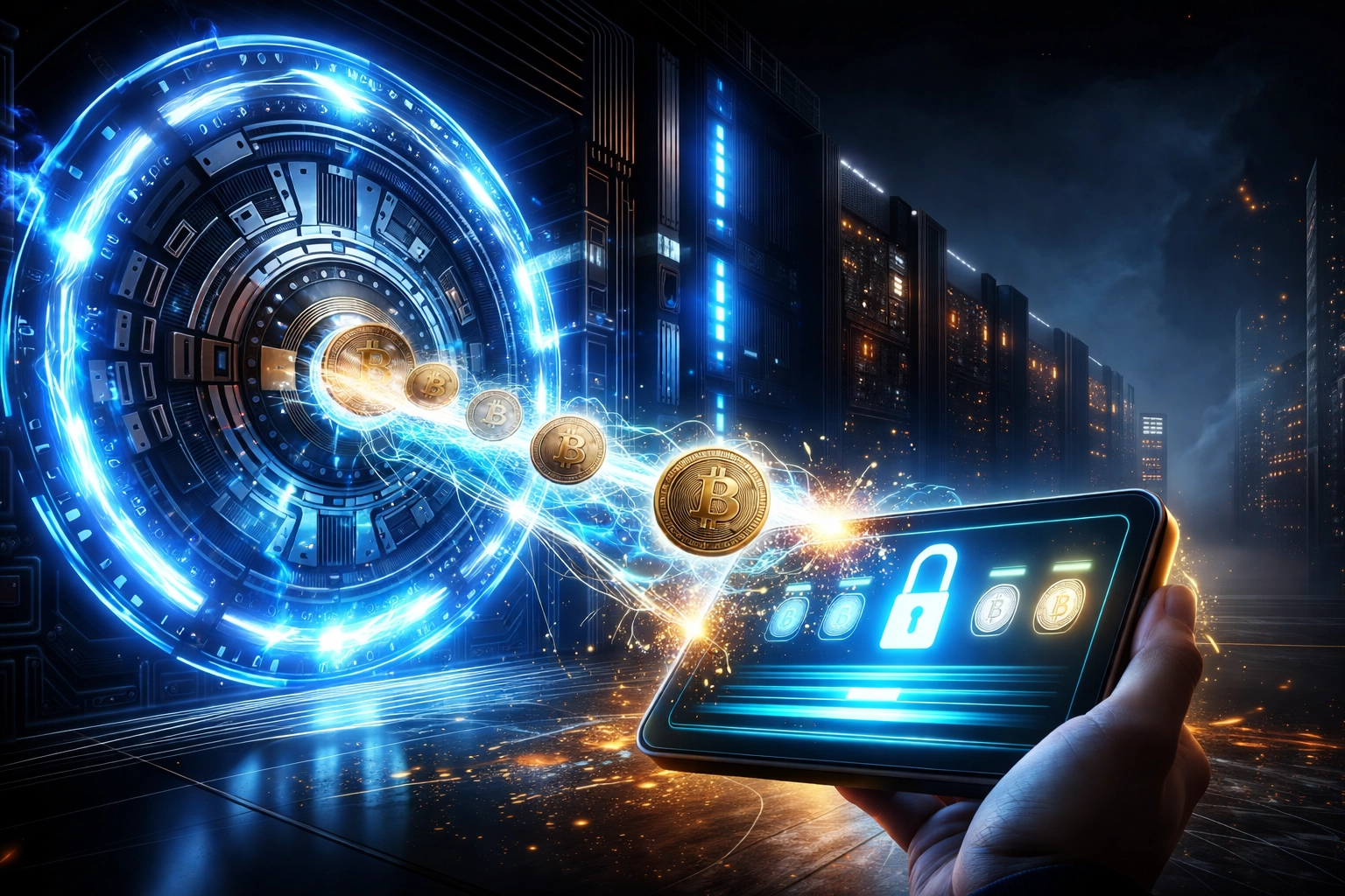 Illustration of secure crypto vault with coins transferring directly to a merchant wallet, highlighting self-custody and Web3 payment security.