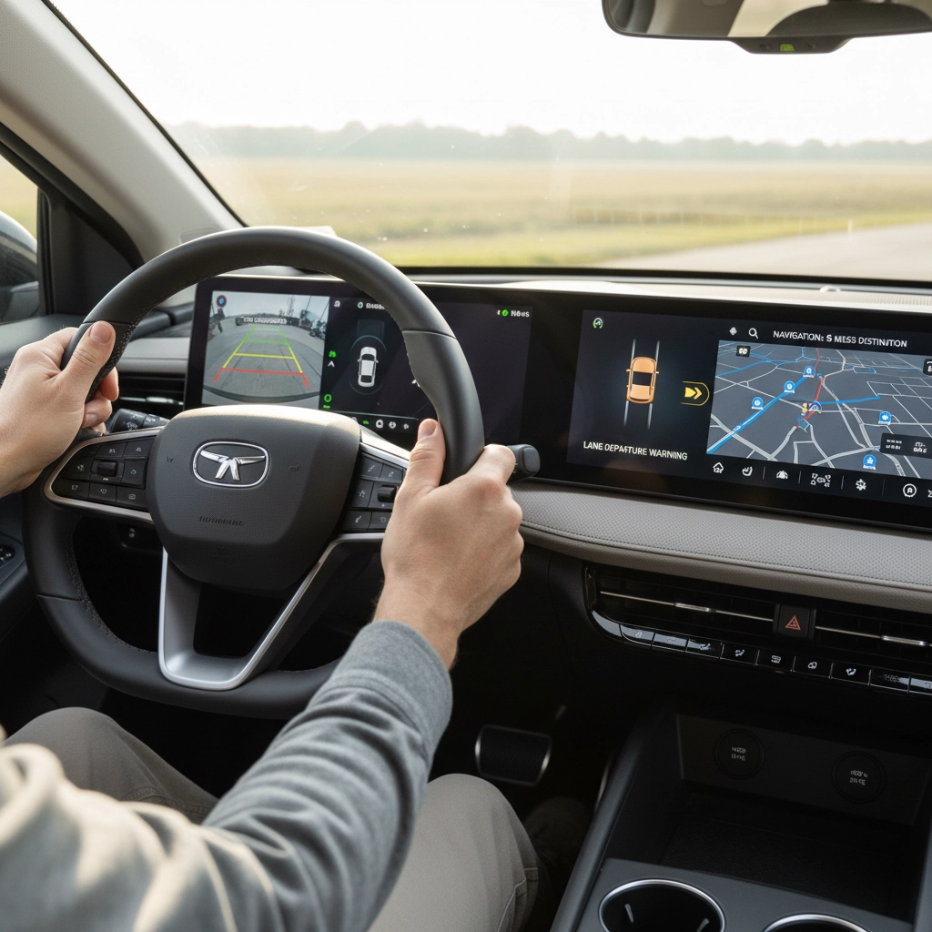 Person drives a car with a digital dashboard displaying navigation maps and safety alerts. Countryside visible through the windshield. Driving lessons in Burton upon Trent.