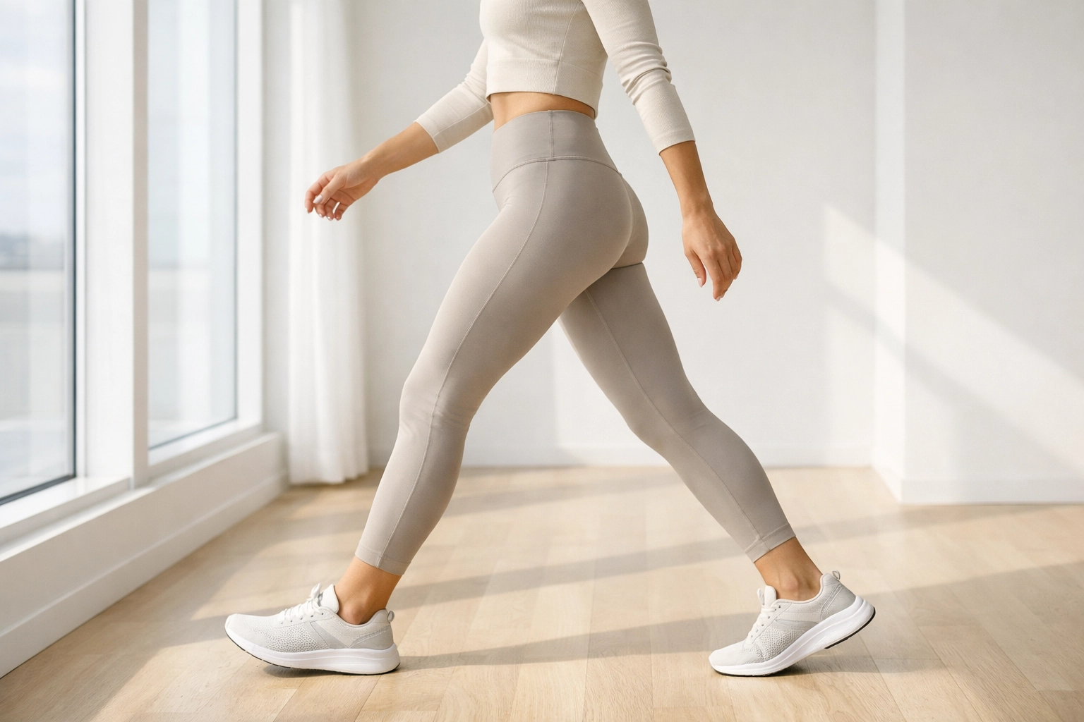 Person demonstrating correct posture and core stability for walking without sciatica pain.