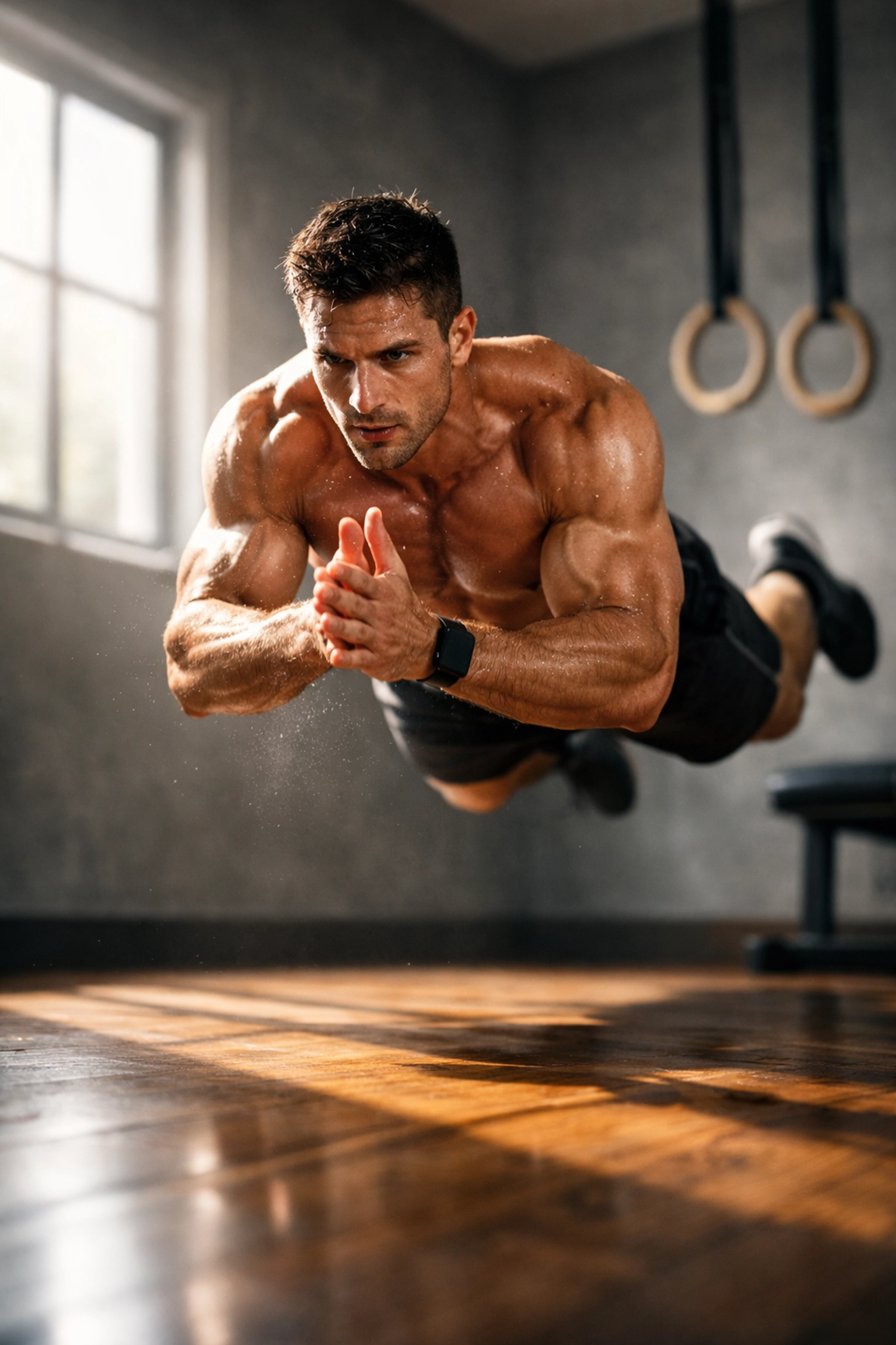 Athlete performing explosive clapping push-up in minimalist home gym with gymnastics rings