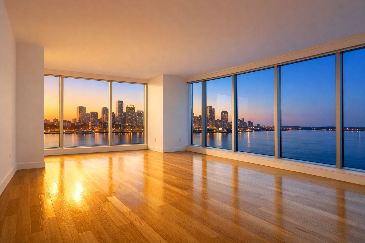 Sunlit Boston Seaport apartment ready for move-in after professional deep cleaning services.