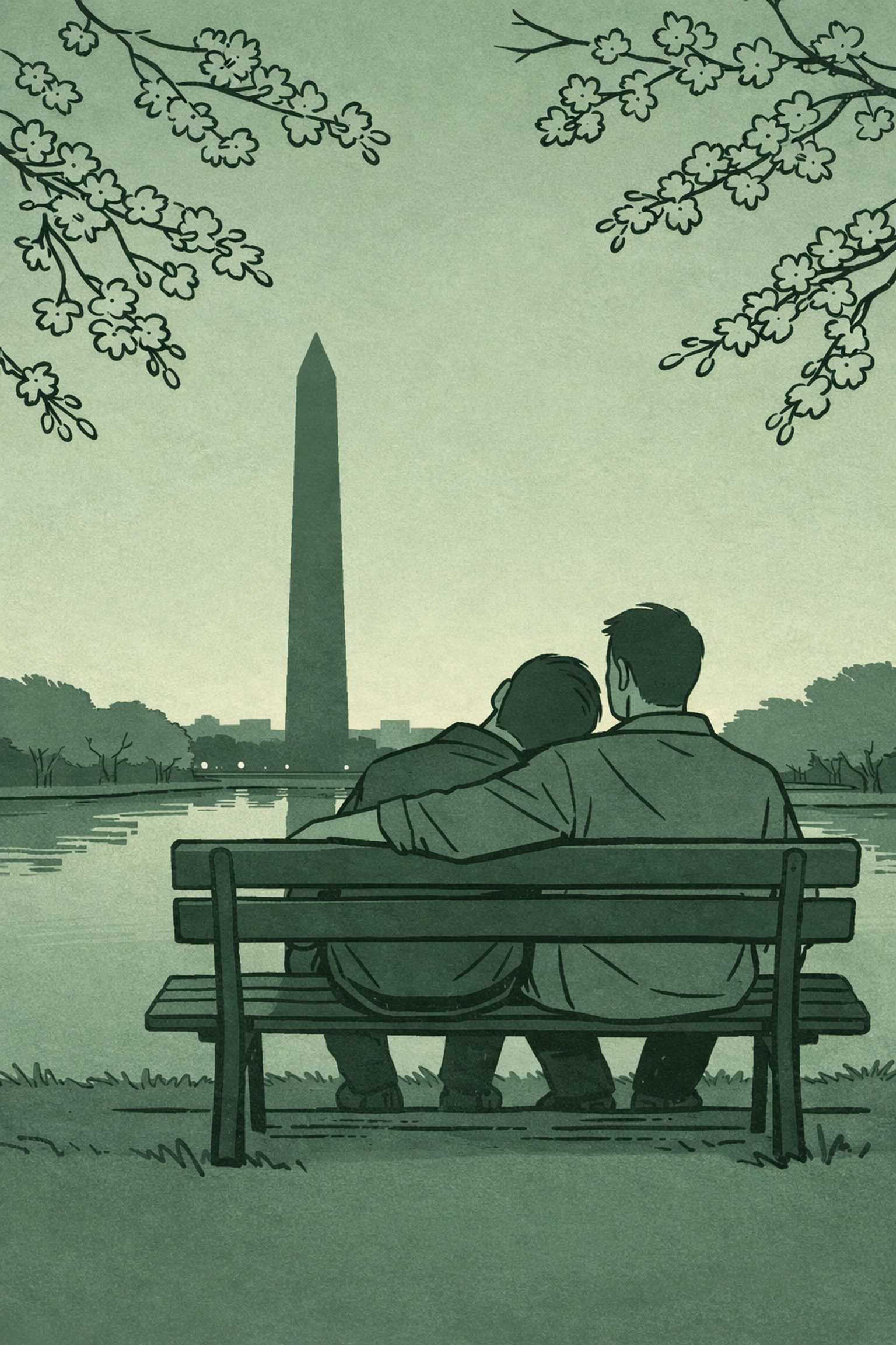 MM couple at Washington Monument showing resilience after political devastation - gay romance