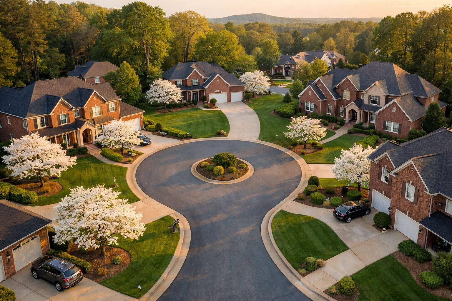 Aerial view of a peaceful Winston-Salem neighborhood with spacious brick homes and green lawns.