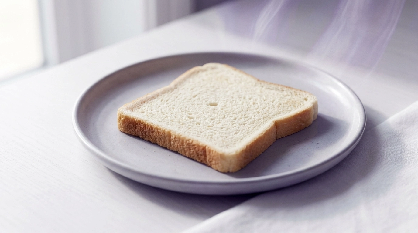 A high-end, contemporary photographic shot of a single piece of plain white toast on a minimalist light grey ceramic plate.