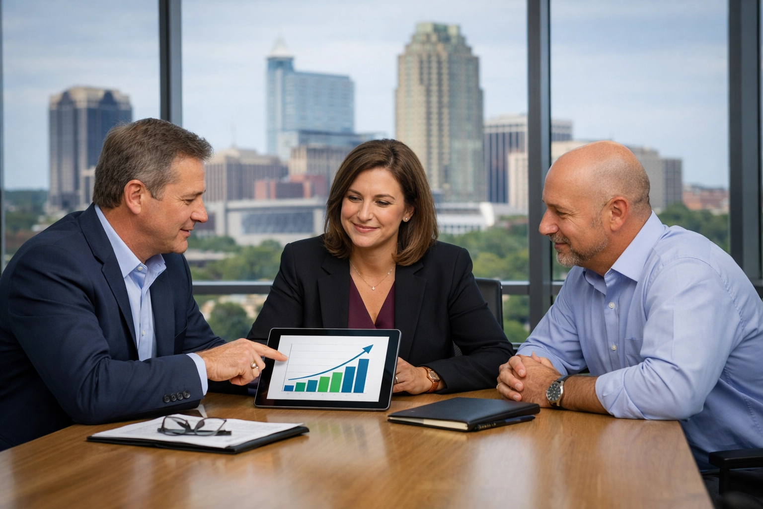 Business advisors and a small business owner reviewing a growth chart to prepare for a sale in North Carolina.