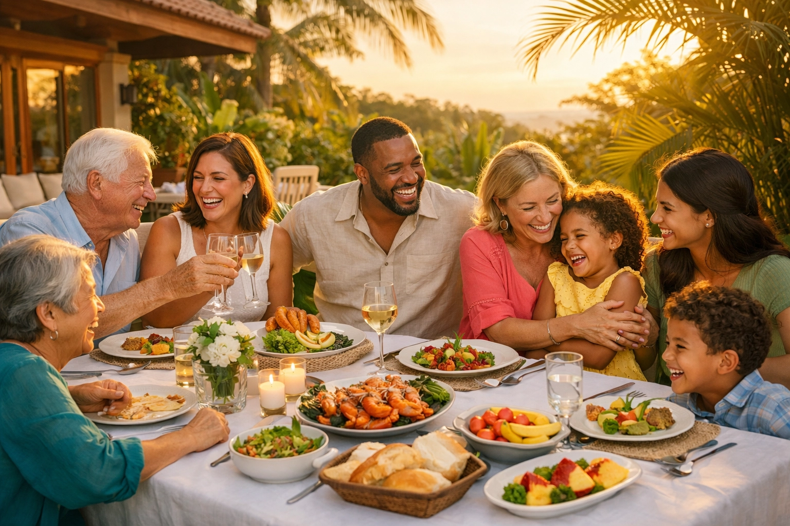 A diverse family enjoying a sunset dinner at a tropical villa included in their family holiday package.