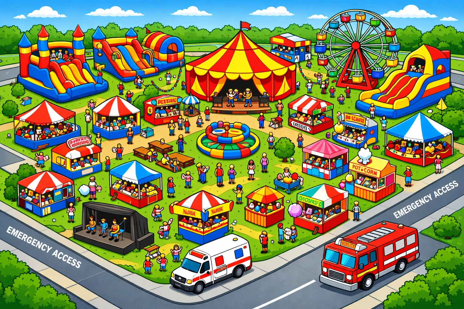 Aerial view of large-scale festival site with tents, inflatables, and vendor booths in Ontario