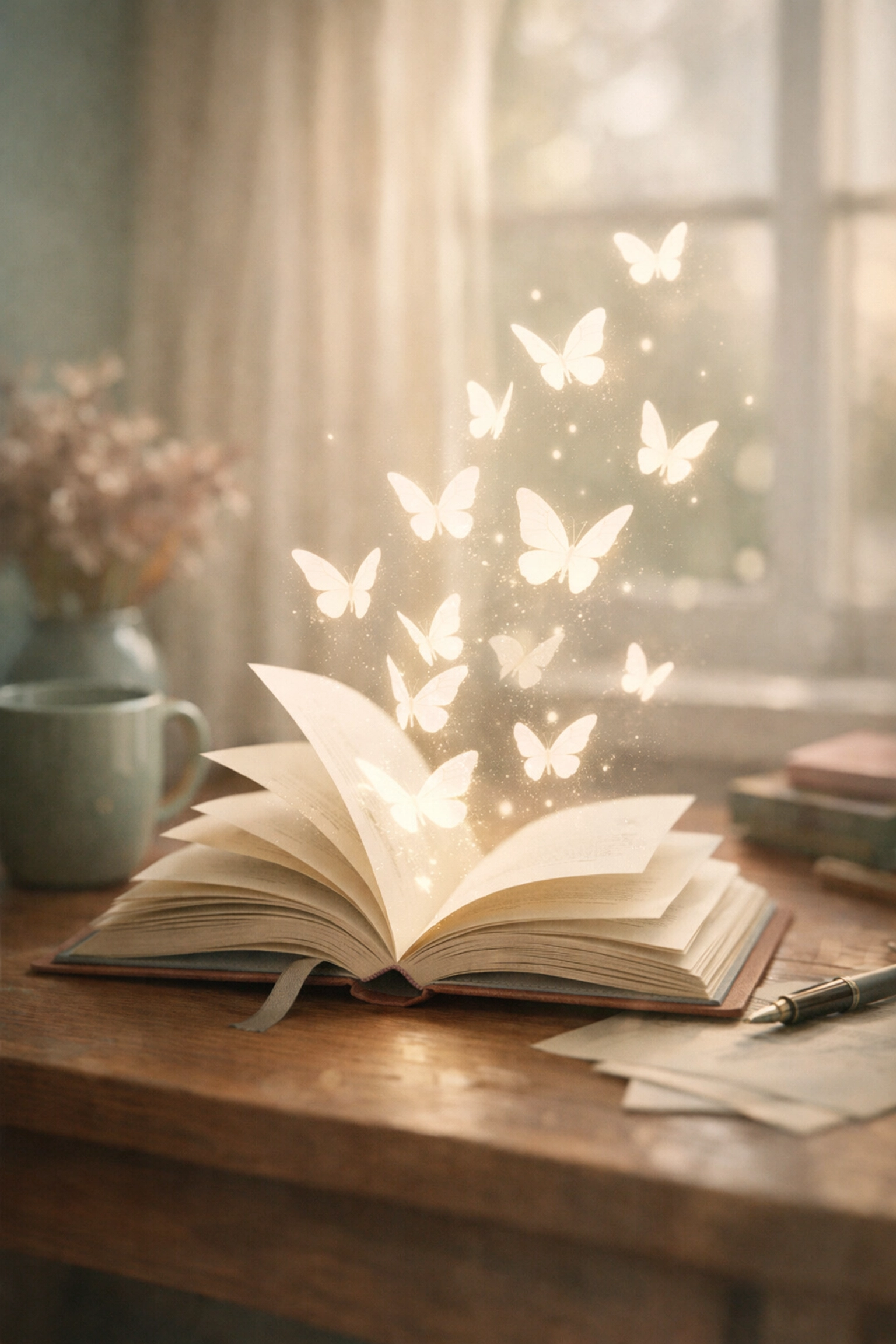 Open journal with pages transforming into butterflies symbolizing journal prompts for self-discovery