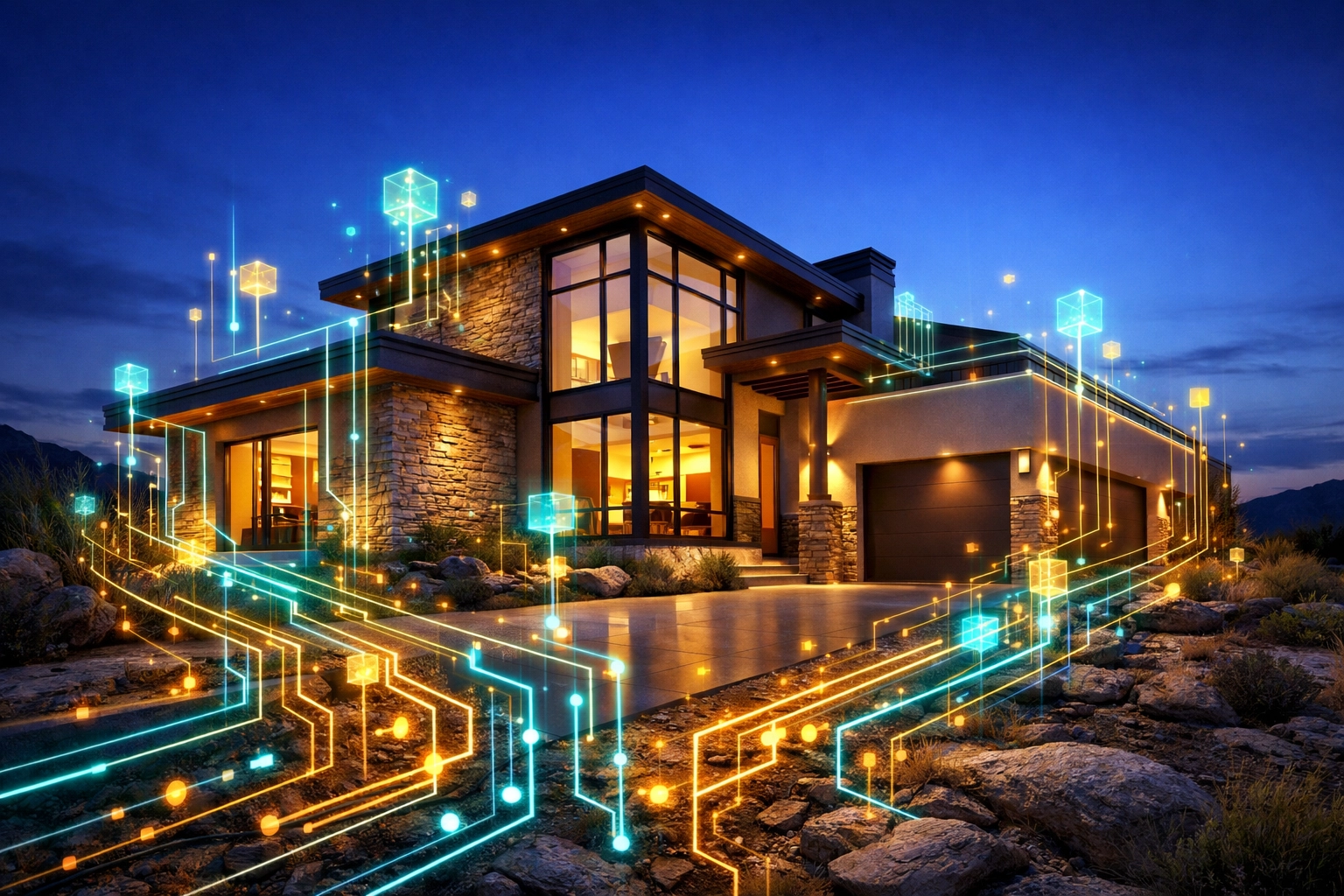 Modern Buckeye AZ home with digital data overlays representing a certified AI marketing agent listing.