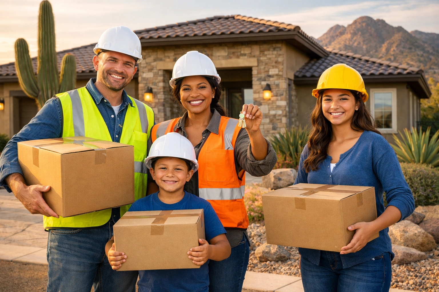 Utility workers and engineers family moving into new Arizona home with desert landscape Utility workers and engineers family moving into new Arizona home with desert landscape