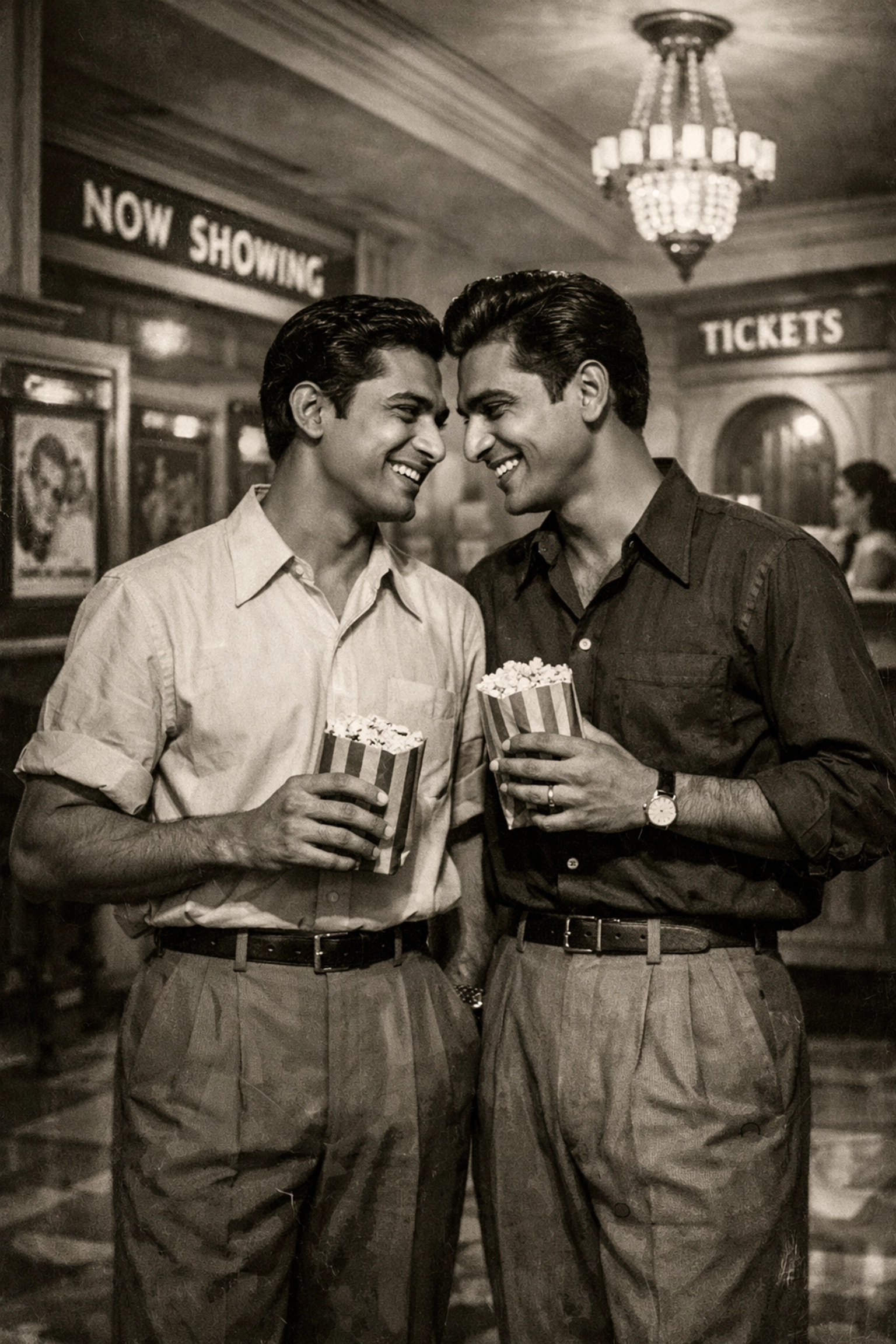 Two South Asian men sharing a secret look in a vintage 1950s Karachi cinema lobby.
