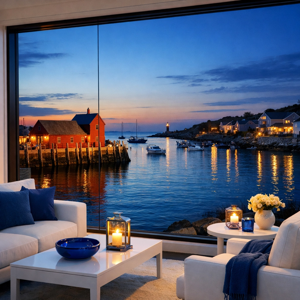 Spotless Rockport sitting area overlooking the harbor, illustrating professional residential cleaning.