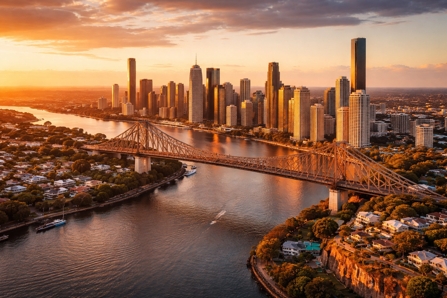 Aerial view of Brisbane Story Bridge and river neighborhoods, representing local authority for psychologists in community outreach.