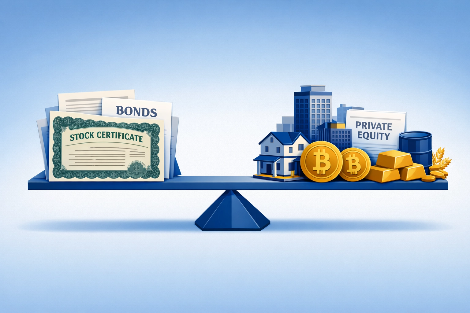 Scale balancing traditional stocks and bonds against alternative investments like real estate and crypto