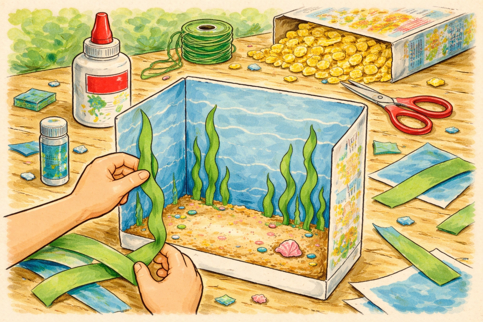 Handmade cereal box aquarium in progress, featuring blue background water and paper seaweed for children's craft