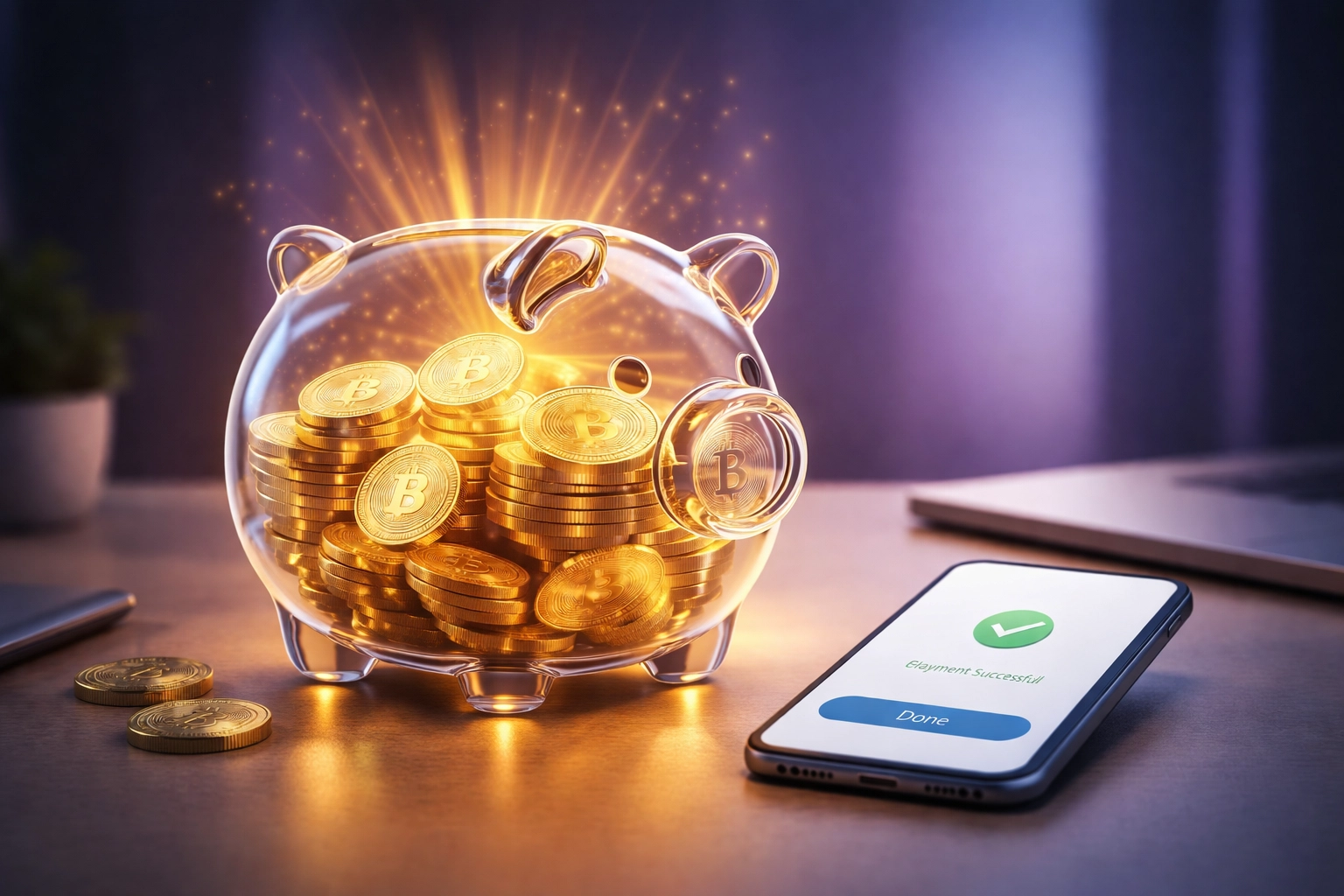 Glass piggy bank filled with digital coins symbolizes secure, low-fee crypto savings using Larecoin and LUSD stablecoin.