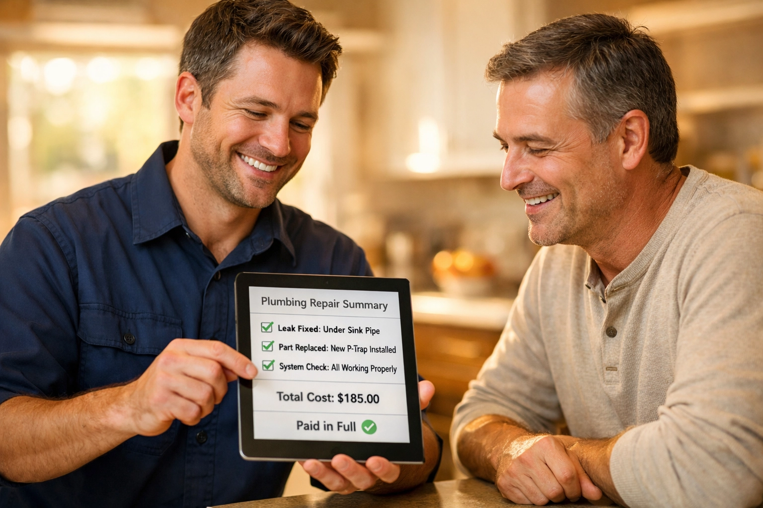 Professional residential plumber showing transparent pricing on a tablet to a homeowner in a modern kitchen.