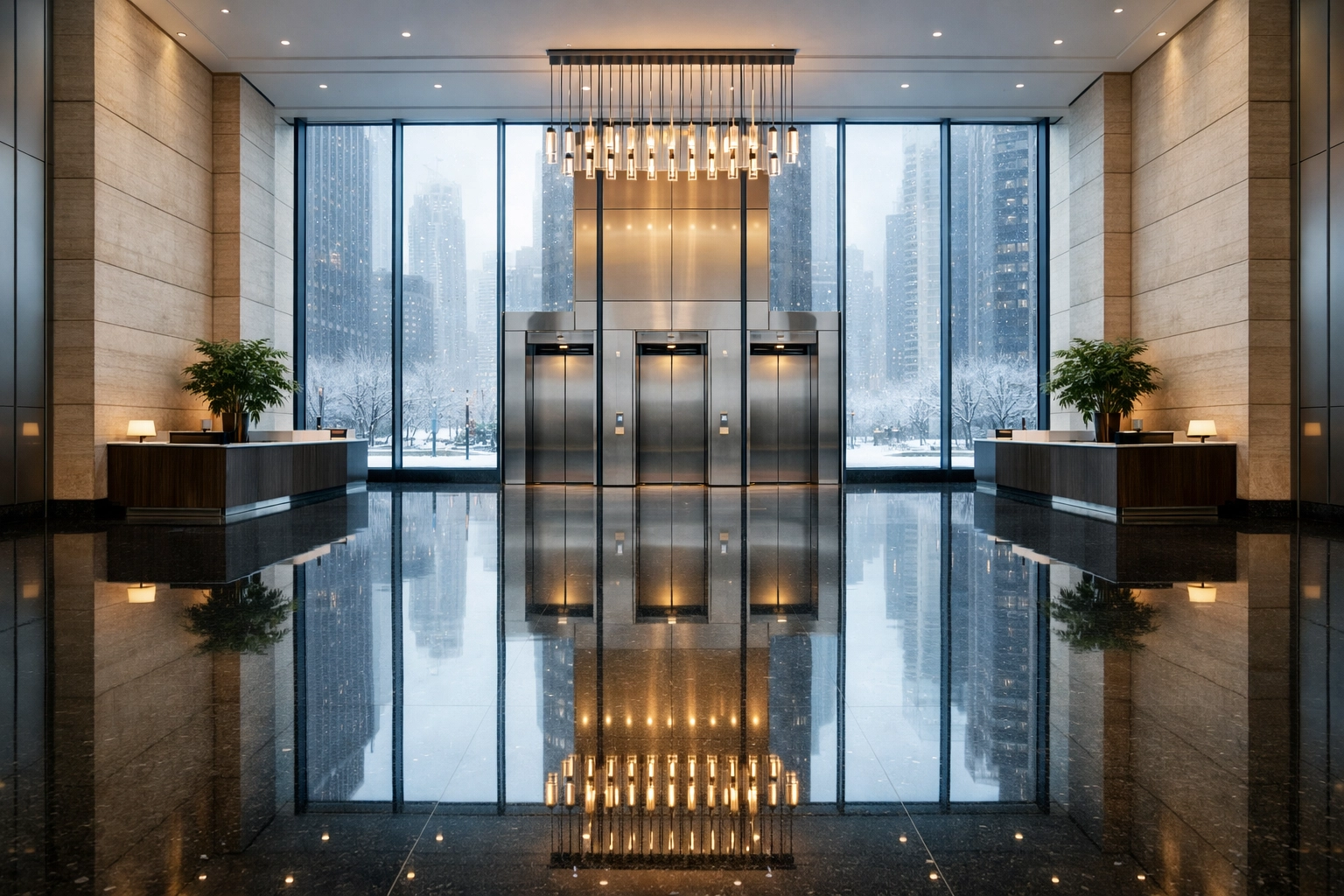 Polished granite floor in a Chicago office lobby showcasing commercial cleaning standards for Midwest property managers.