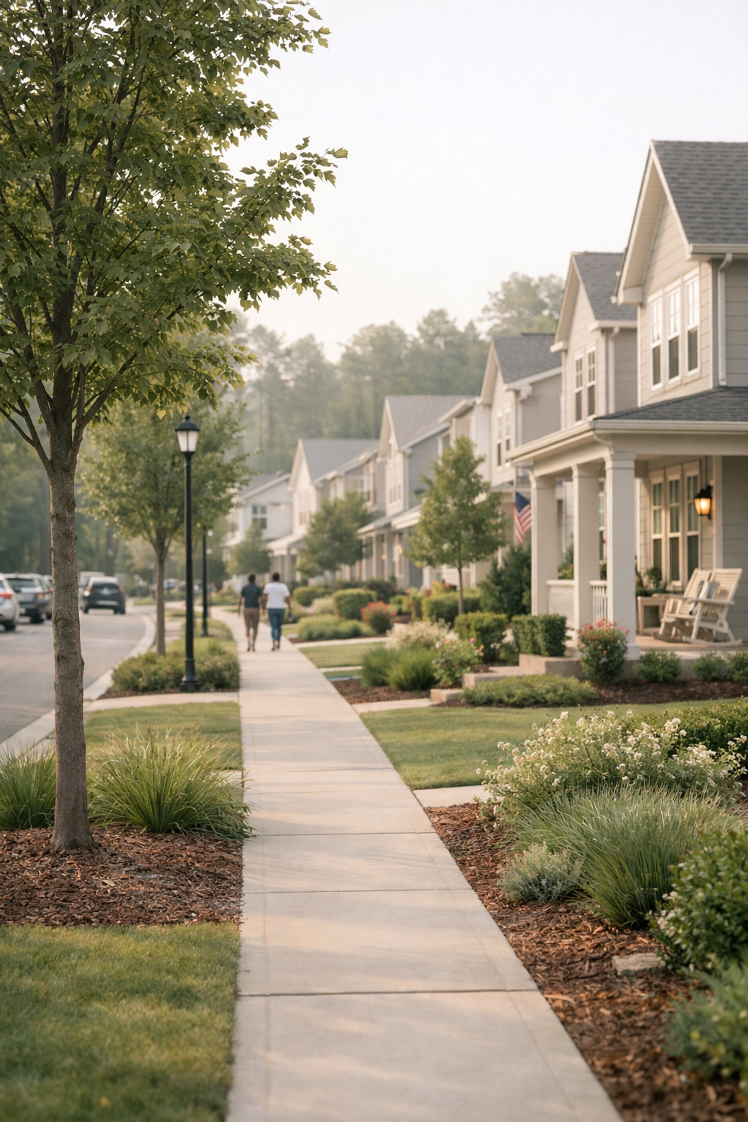 Quiet residential street with modern homes and gardens in a safe community.