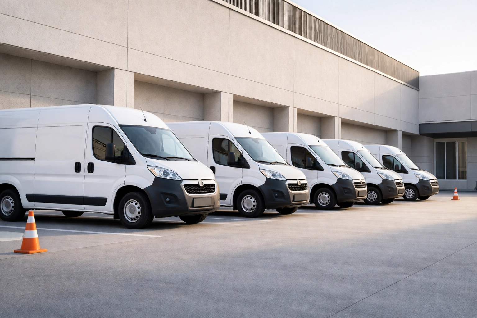 A row of white commercial vans parked neatly at a business facility, representing fleet vehicle safety and maintenance.