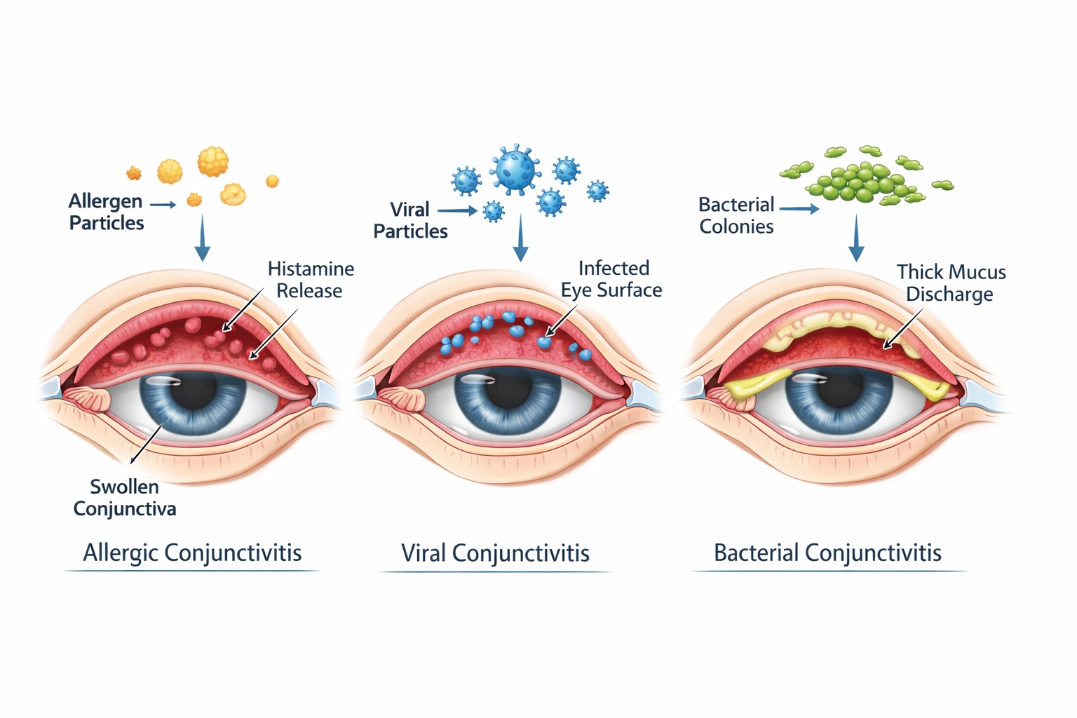 Medical diagram comparing allergic, viral, and bacterial eye infection causes and symptoms