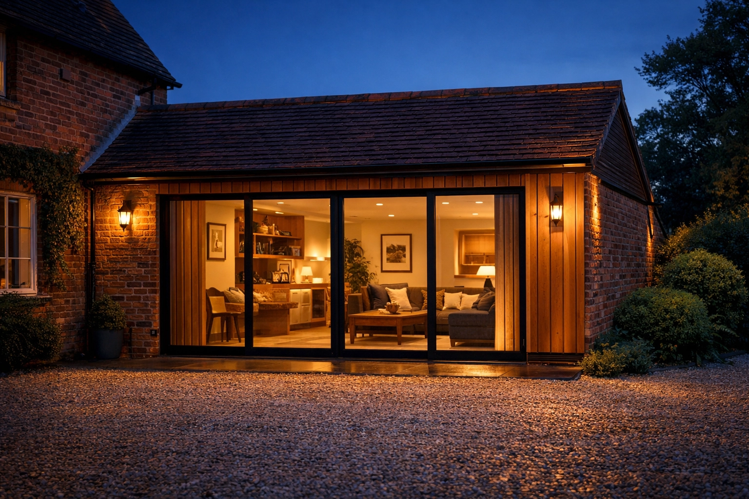 Luxury garage conversion in West Sussex featuring bespoke timber cladding and large glass windows.