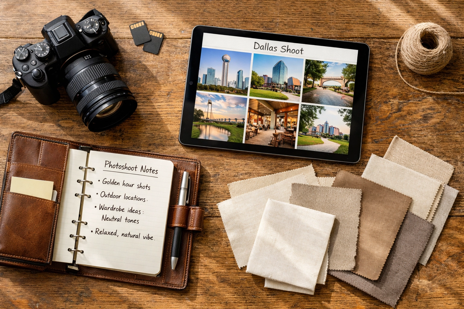 Flat lay of camera gear and a mood board planning a professional photoshoot in Dallas.