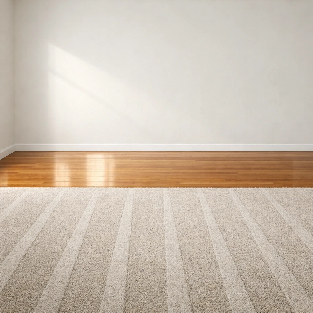 Move-in-ready apartment living room with fresh vacuum lines and clean hardwood floors.