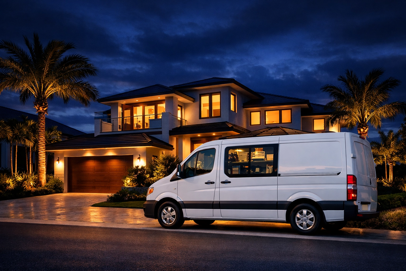 A 24 hour electrician service van parked at a Florida home for an emergency night call.