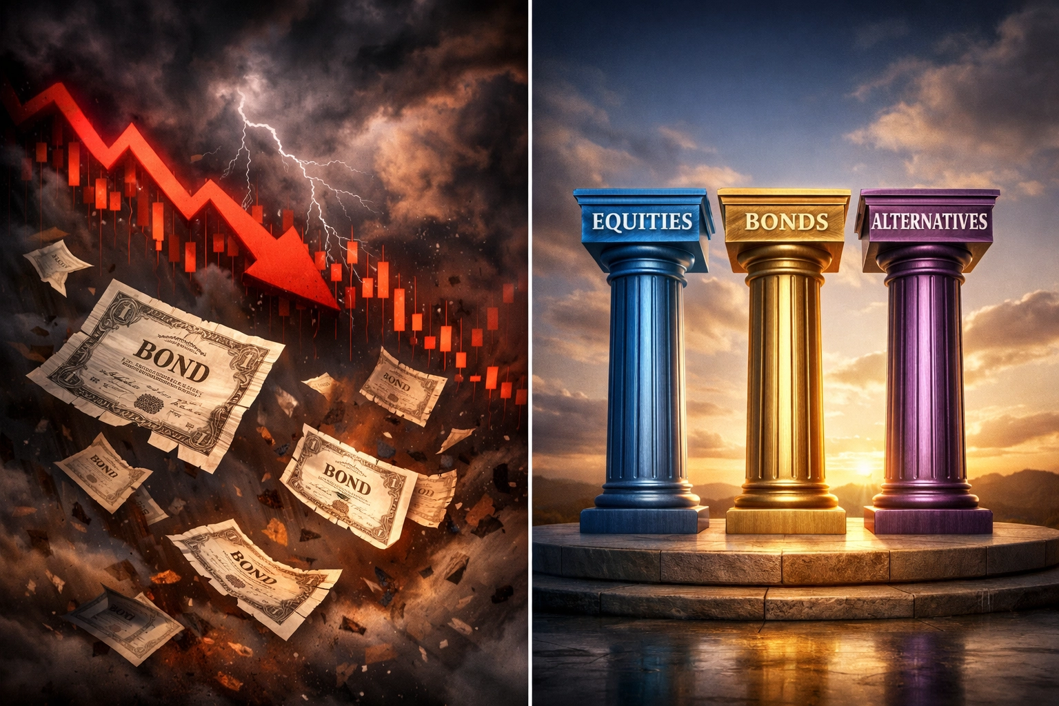 Market volatility versus stable 40/30/30 portfolio framework with three balanced pillars