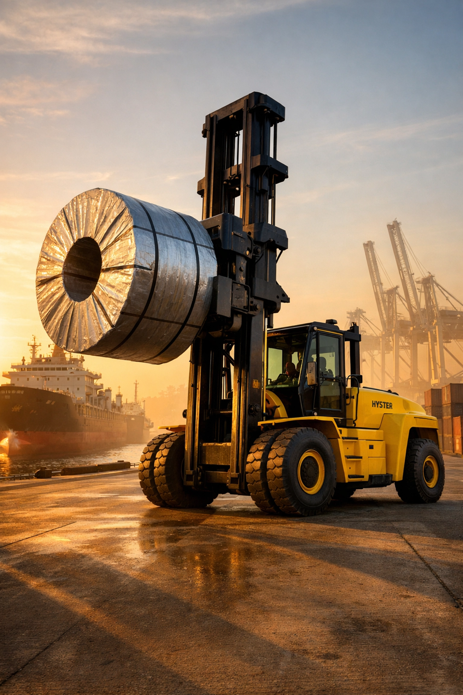 Heavy-duty forklift lifting steel coil at Port Houston dock