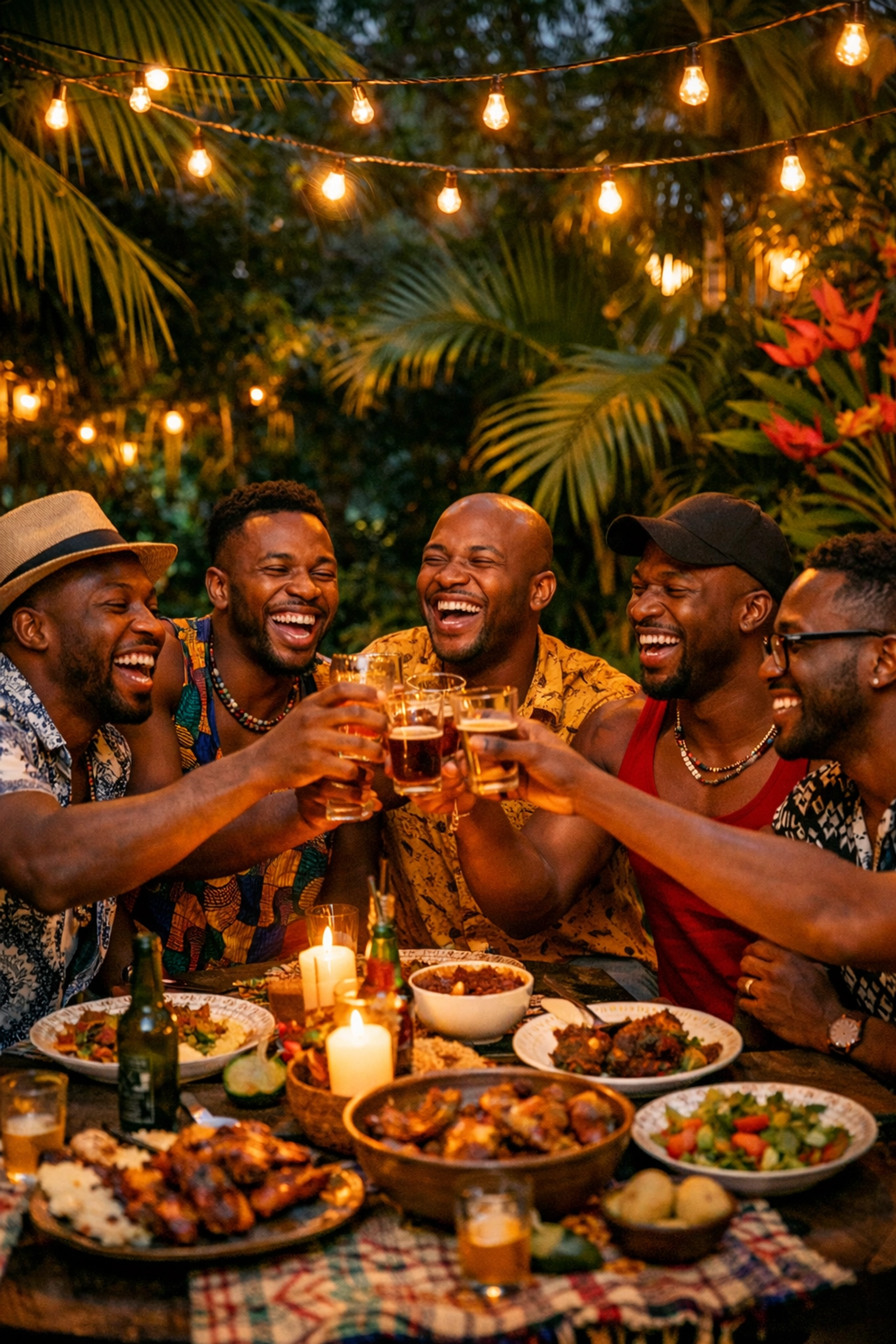 An LGBTQ community gathering in a Ghanaian garden, celebrating chosen family and resilience.
