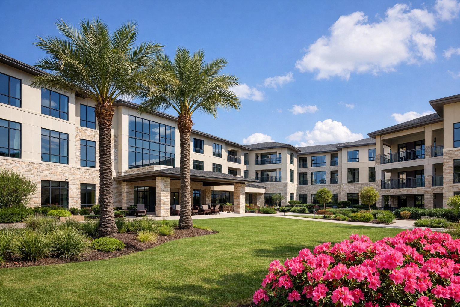 Modern Houston assisted living community exterior representing local senior care and memory care options.