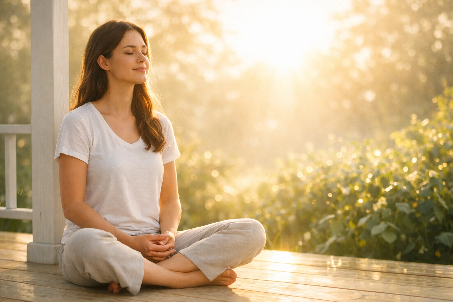 Woman finds peace through prayer at sunrise for emotional healing at Boundless Online Church.
