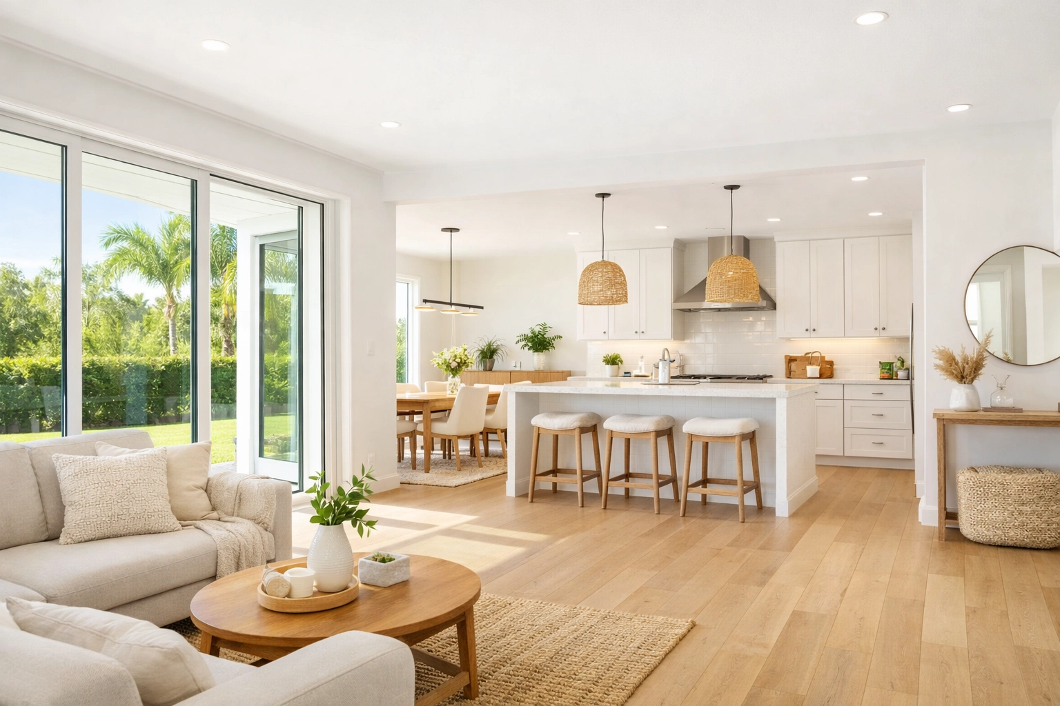 Open-concept Orlando home with floor-to-ceiling windows connecting kitchen and living areas