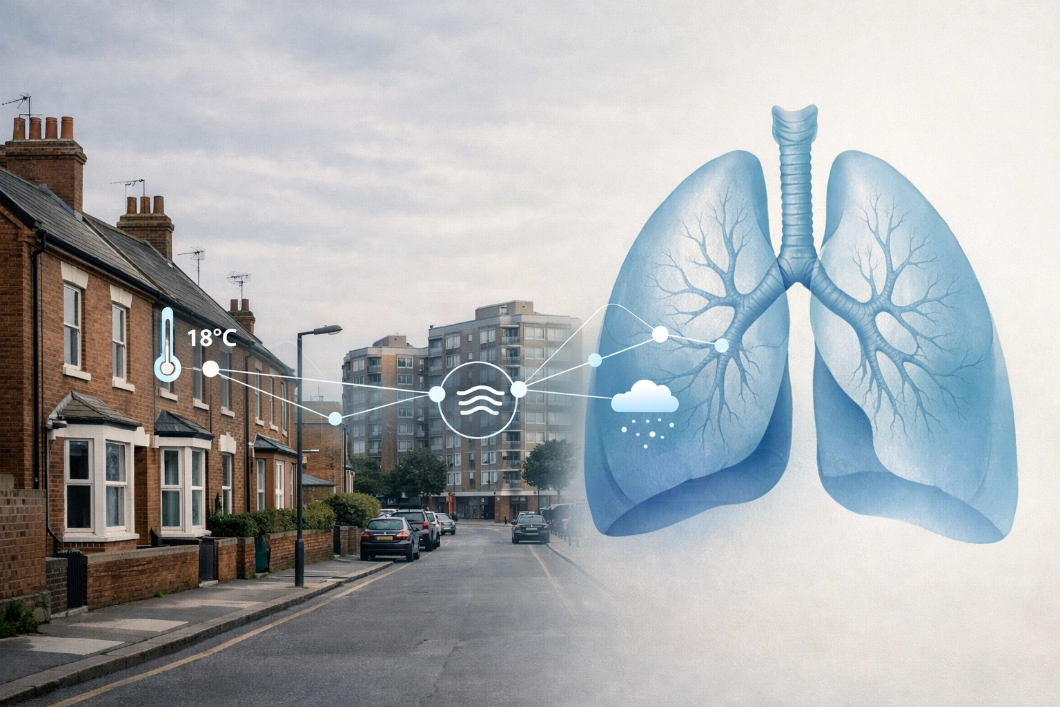 Data overlay linking UK social housing to lung health, highlighting respiratory health inequalities.