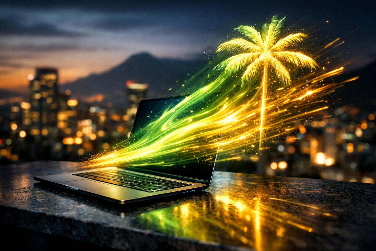 Velocidad y sostenibilidad digital en Colombia: laptop con estela de luz sobre el horizonte de Bogotá.