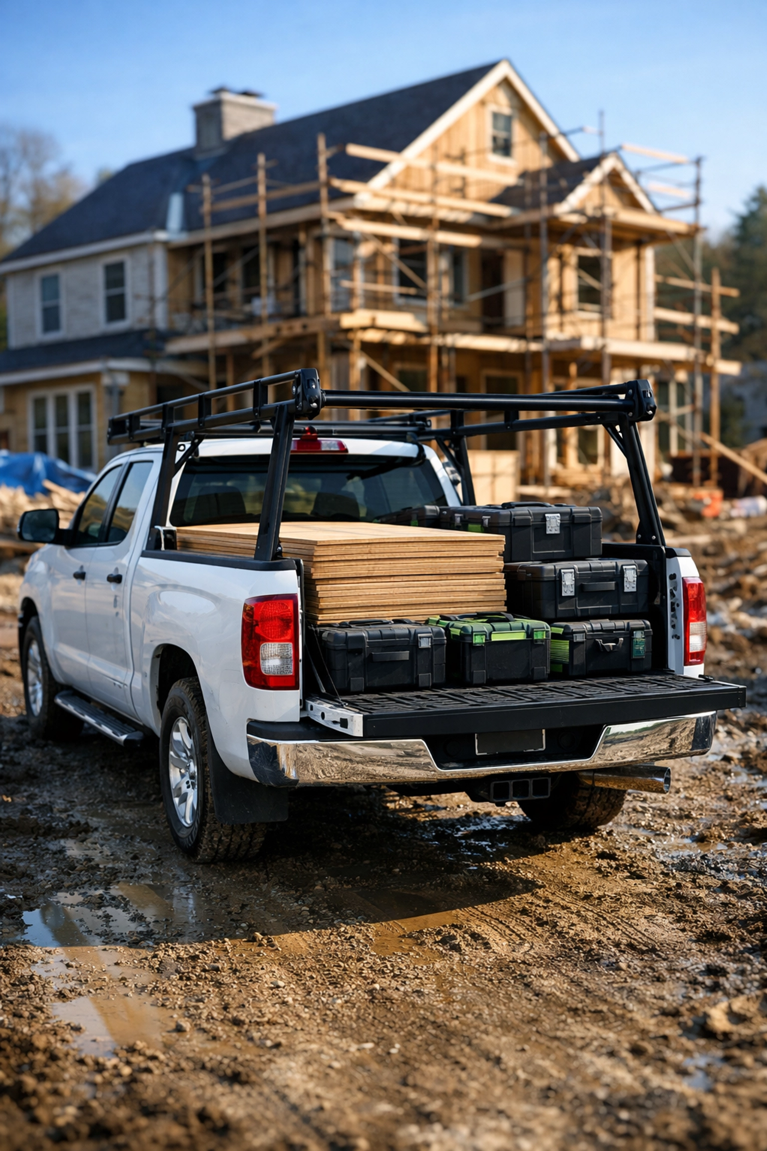 White contractor pickup truck with ladder rack at a Connecticut construction site requiring business insurance.